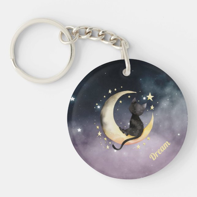 Cute Cartoon Cat on Moon Key Ring (Front)