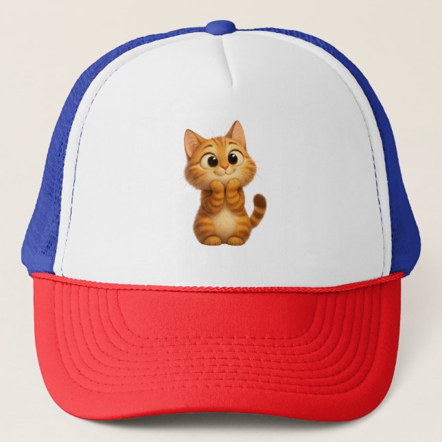 Cute Cartoon Cat,  Orange Tabby Cat Trucker Hat (Front)