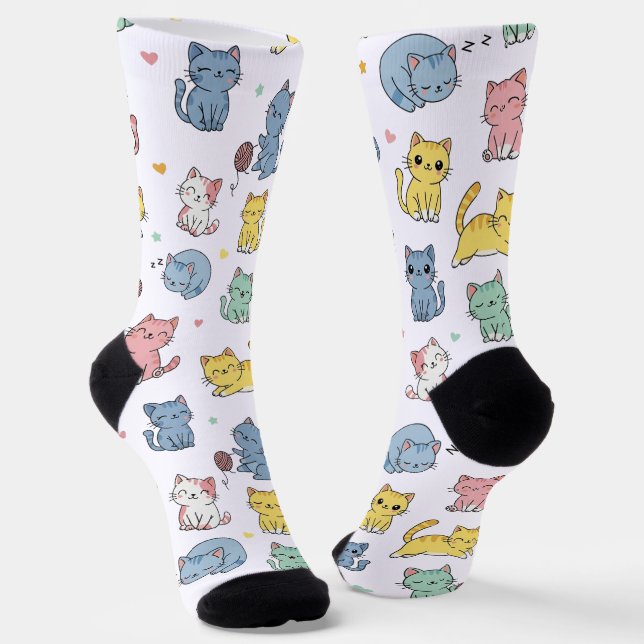 Cute Cartoon Cat Pattern Crew Socks (Angled)