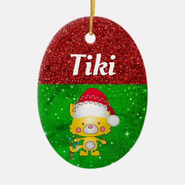 Cute Cartoon Cat Pet Name Christmas Ceramic Ornament (Front)