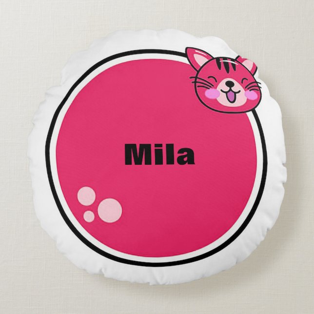 Cute Cartoon Cat Pink Circular Shape Round Cushion (Front)