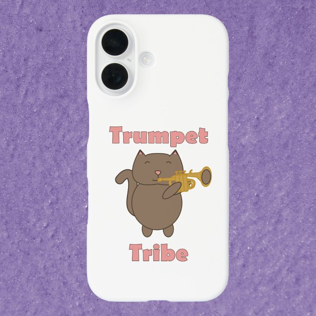 Cute Cartoon Cat Playing Trumpet Tribe Musical  Case-Mate iPhone Case (A phone case with a cute cat playing the trumpet and the text trumpet tribe in pink.)