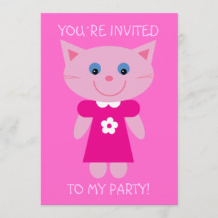 Cute Cartoon Cat Pretty Pink Birthday Party Invite