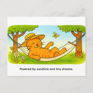 Cute Cartoon Cat Relaxing in Garden Hammock Postcard