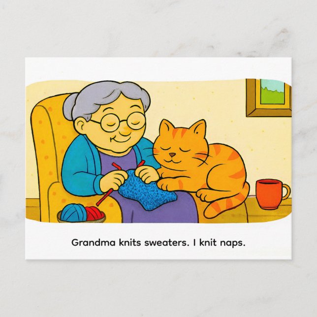 Cute Cartoon Cat Resting on Knitting Grandma Postcard (Front)
