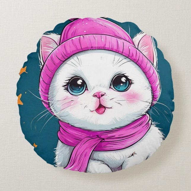 Cute cartoon cat round cushion (Front)