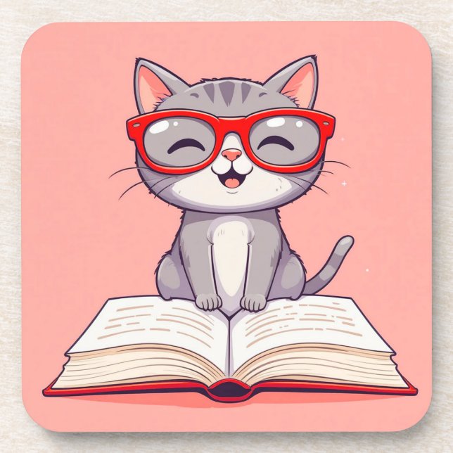 Cute Cartoon Cat Wearing Glasses Coaster (Front)