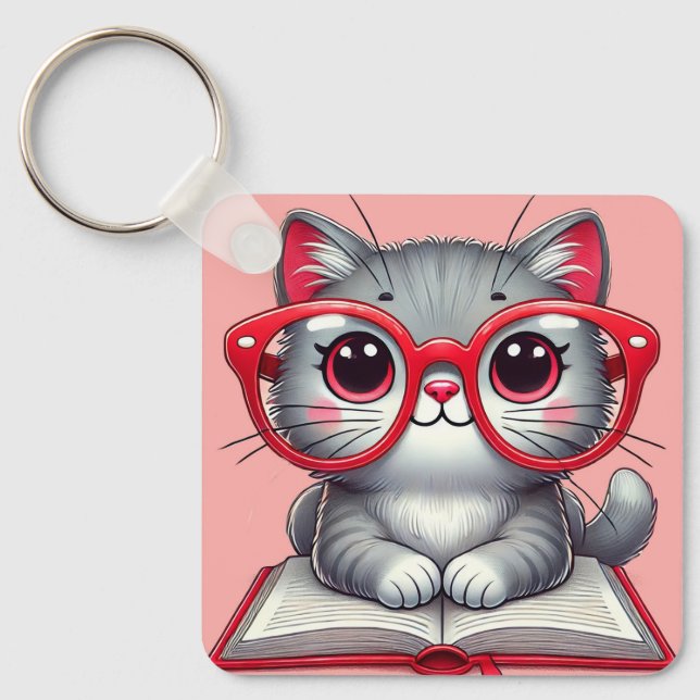 Cute Cartoon Cat Wearing Glasses Key Ring (Front)