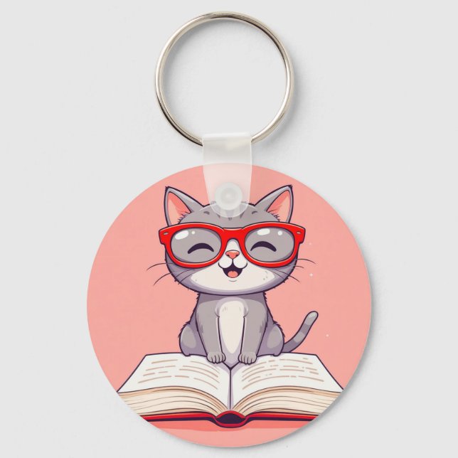 Cute Cartoon Cat Wearing Glasses Key Ring (Front)