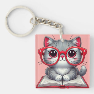 Cute Cartoon Cat Wearing Glasses Key Ring