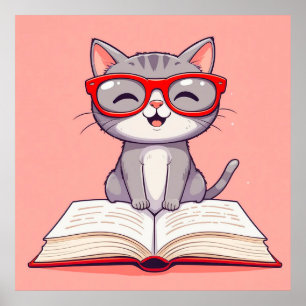 Cute Cartoon Cat Wearing Glasses Poster