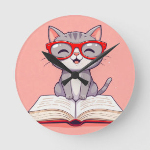 Cute Cartoon Cat Wearing Glasses Round Clock