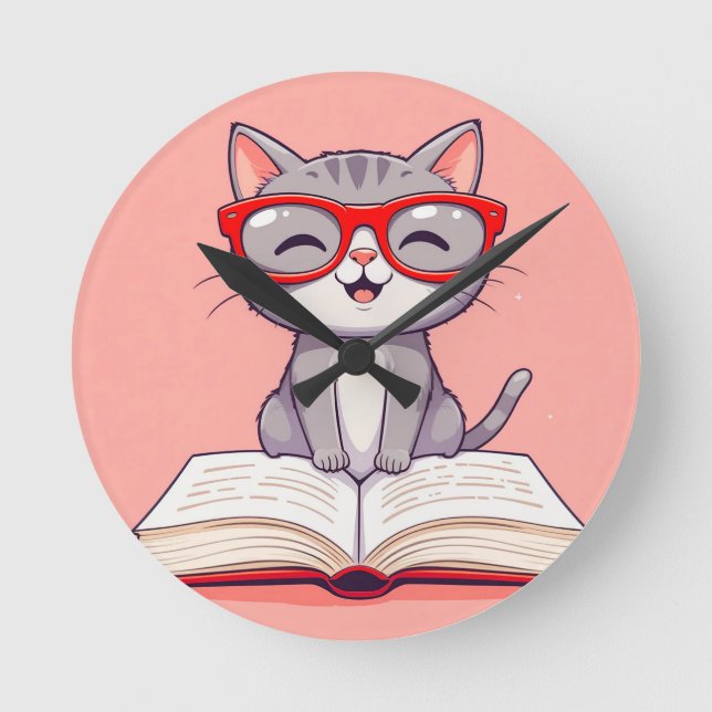 Cute Cartoon Cat Wearing Glasses Round Clock (Front)