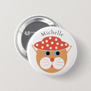 Cute Cartoon Cat Wearing Hat Personalised Name  6 Cm Round Badge