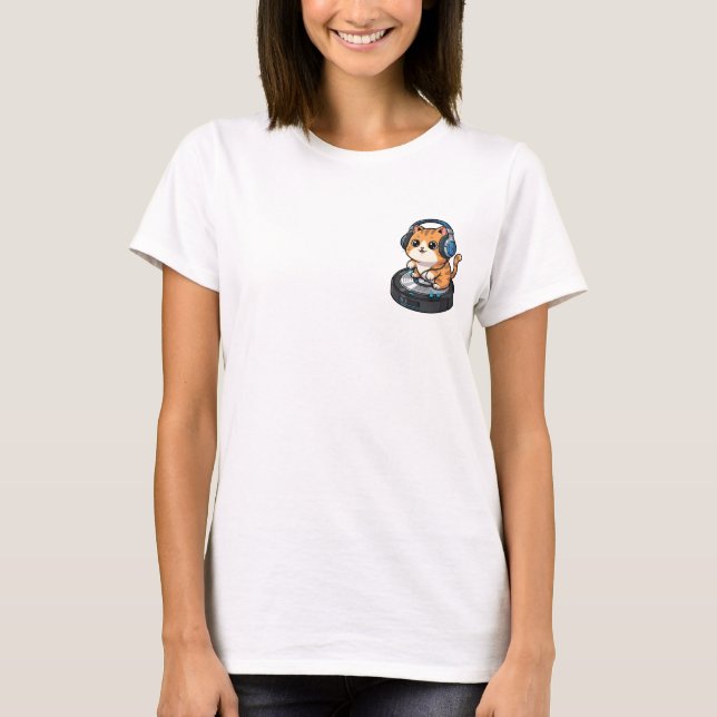 Cute Cartoon Cat Wearing Headphones Riding Robot T-Shirt (Front)