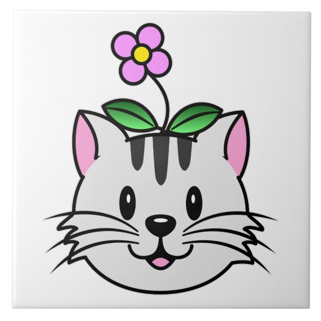 Cute Cartoon Cat with a Flower on Its Head Ceramic Tile (Front)
