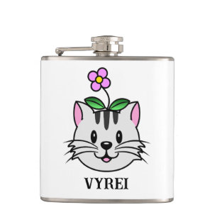 Cute Cartoon Cat with a Flower on Its Head Hip Flask