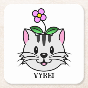 Cute Cartoon Cat with a Flower on Its Head Square Paper Coaster