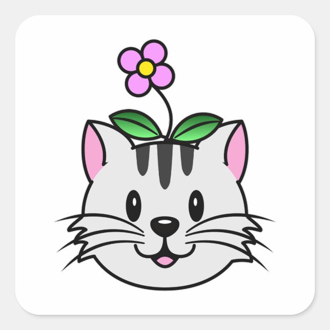 Cute Cartoon Cat with a Flower on Its Head Square Sticker (Front)