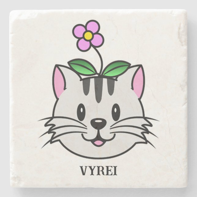 Cute Cartoon Cat with a Flower on Its Head Stone Coaster (Front)