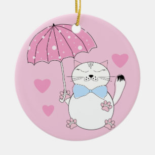 Cute cartoon cat with umbrella ceramic ornament