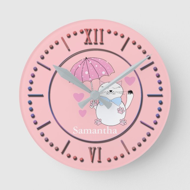 Cute cartoon cat with umbrella round clock (Front)