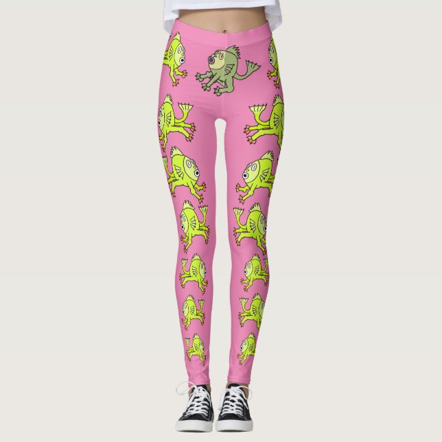 CUTE CARTOON CATFISH, PINK, GREEN, LEGGINGS (Front)