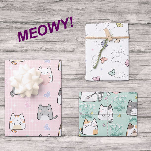 Cute Cartoon Cats and Butterflies Springtime Wrapping Paper Sheet