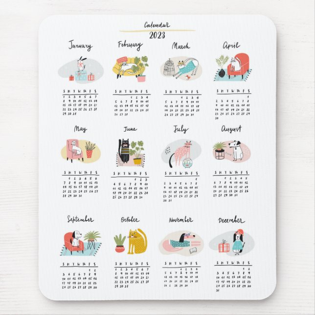 Cute Cartoon Cats and Dogs 2023 Calendar Mouse Pad (Front)