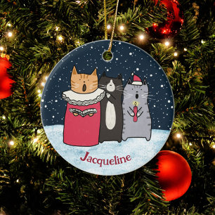 Cute Cartoon Cats Christmas Carol Singing Holiday Ceramic Ornament