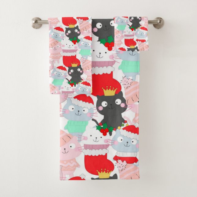 Cute Cartoon Cats Christmas Pattern Bath Towel Set (Insitu)
