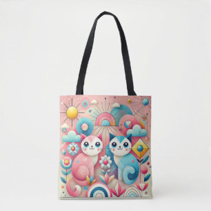 Cute Cartoon Cats in Nature Scene Tote Bag