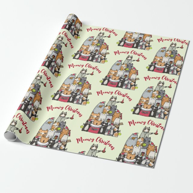 Cute Cartoon Cats Meow Christmas Holiday  Wrapping Paper (Unrolled)
