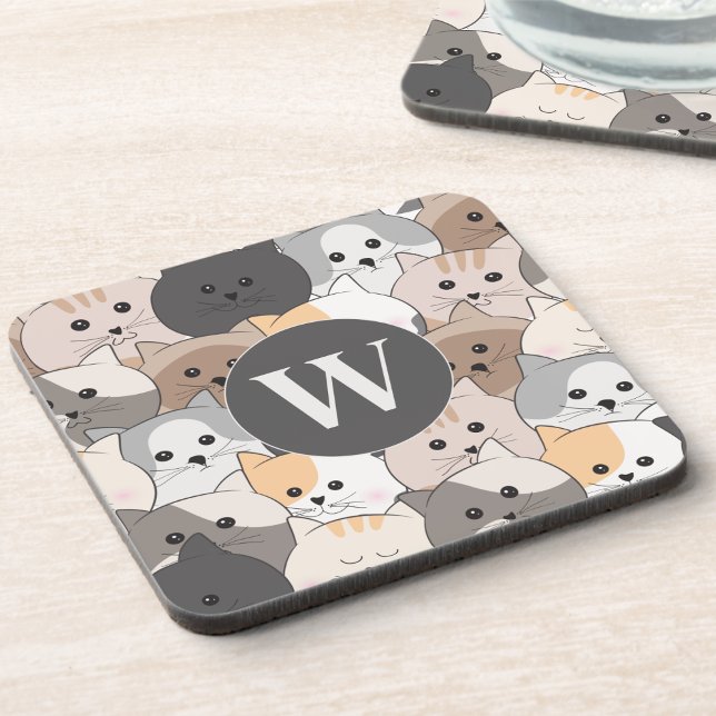 Cute Cartoon Cats Monogram Coaster (Creator Uploaded)