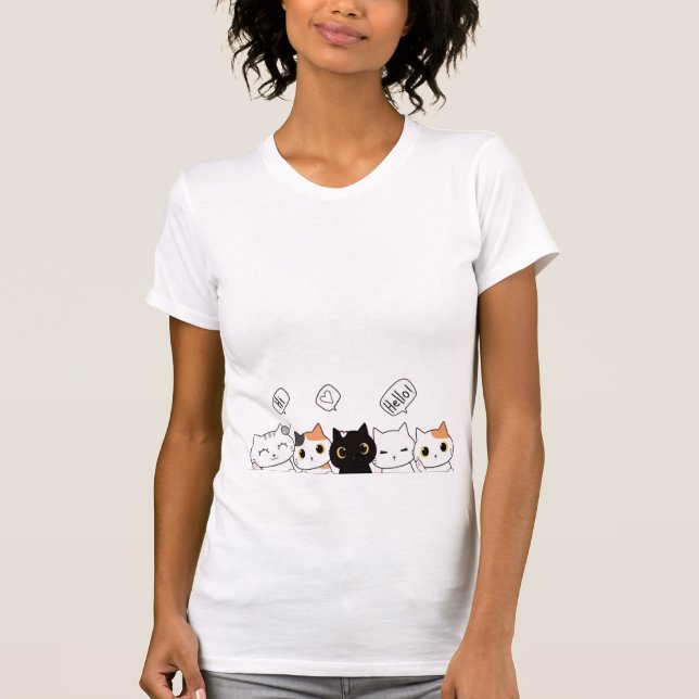 Cute Cartoon Cats Saying Hi T-Shirt (Front)