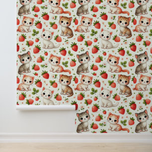 Cute Cartoon Cats with Strawberry Pattern  Wallpaper