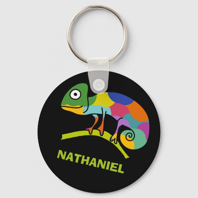 Cute, Cartoon Chameleon Personalised Key Ring (Front)