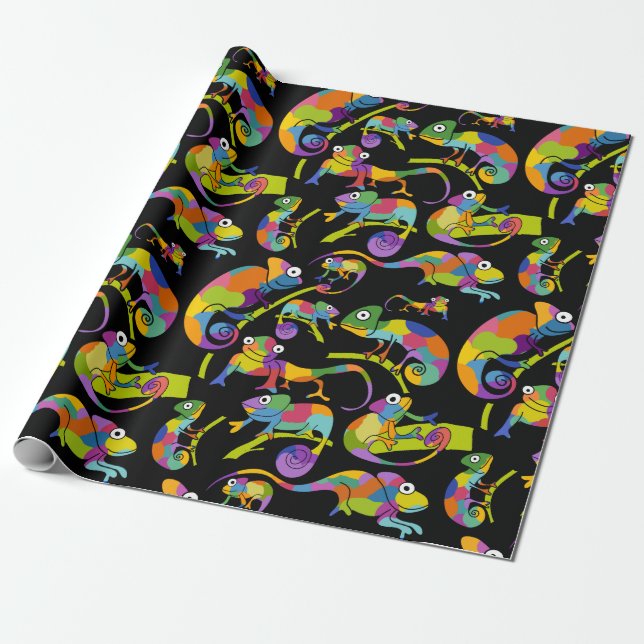Cute Cartoon Chameleons Bright Colours, Black Wrapping Paper (Unrolled)