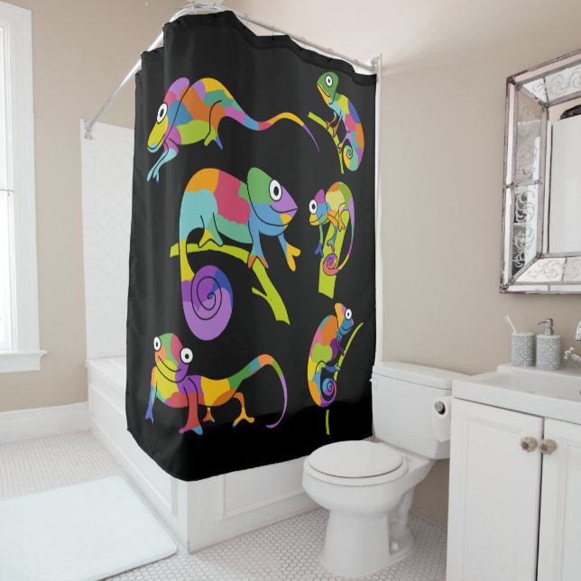 Cute Cartoon Chameleons Bright Colours on Black Shower Curtain (In Situ)