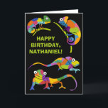 Cute Cartoon Chameleons Personalised Birthday Card<br><div class="desc">Send some personalised birthday greetings to fans of chameleons and other reptiles or customise this greeting card with messages for any occasion. This card features cute cartoon style illustrations of chameleons in bright, vibrant colours set against a black background and is ready to be personalised with your own message on...</div>