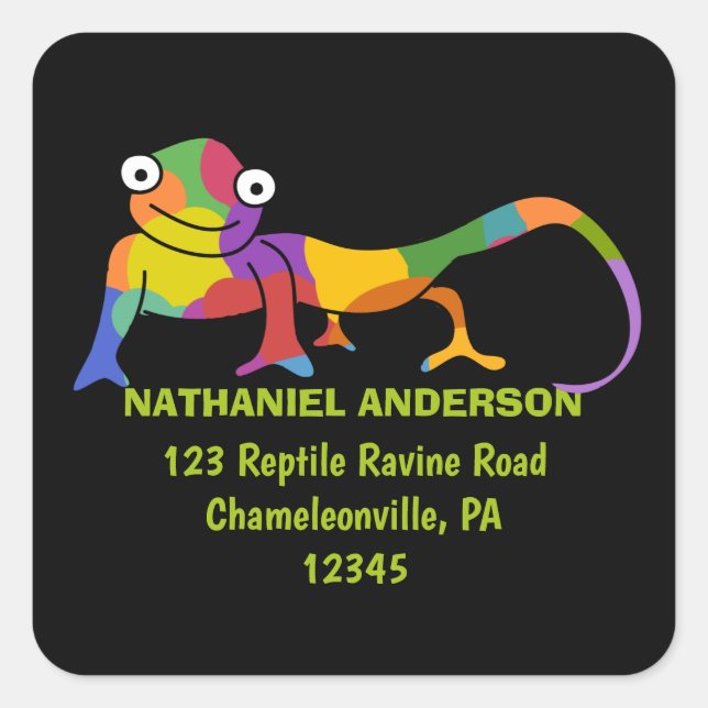 Cute Cartoon Chameleons Square Return Address Sticker (Front)