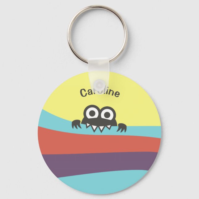 Cute Cartoon Character Colourful Stripes Kids Name Key Ring (Front)