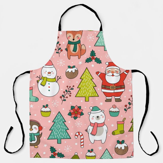Cute cartoon character, pine trees and christmas e apron (Front)
