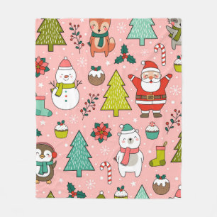 Cute cartoon character, pine trees and christmas e fleece blanket