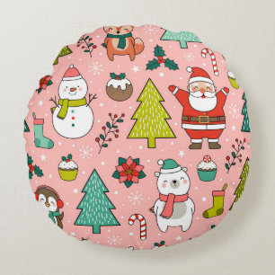 Cute cartoon character, pine trees and christmas e round cushion