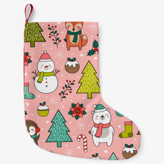 Cute cartoon character, pine trees and christmas e small christmas stocking (Front)