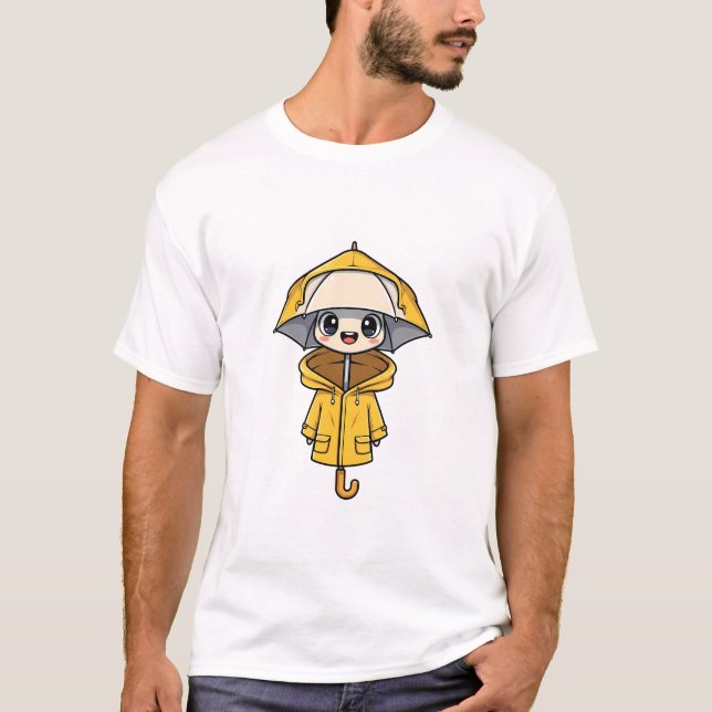Cute Cartoon Character Wearing Yellow Raincoat T-Shirt (Front)