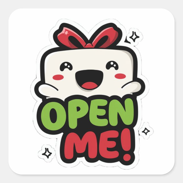 Cute Cartoon Character with “Open Me” Text Sticker (Front)