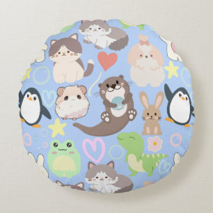 Cute Cartoon characters pattern L Blue BG Round Cushion