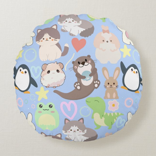 Cute Cartoon characters pattern L Blue BG Round Cushion (Front)